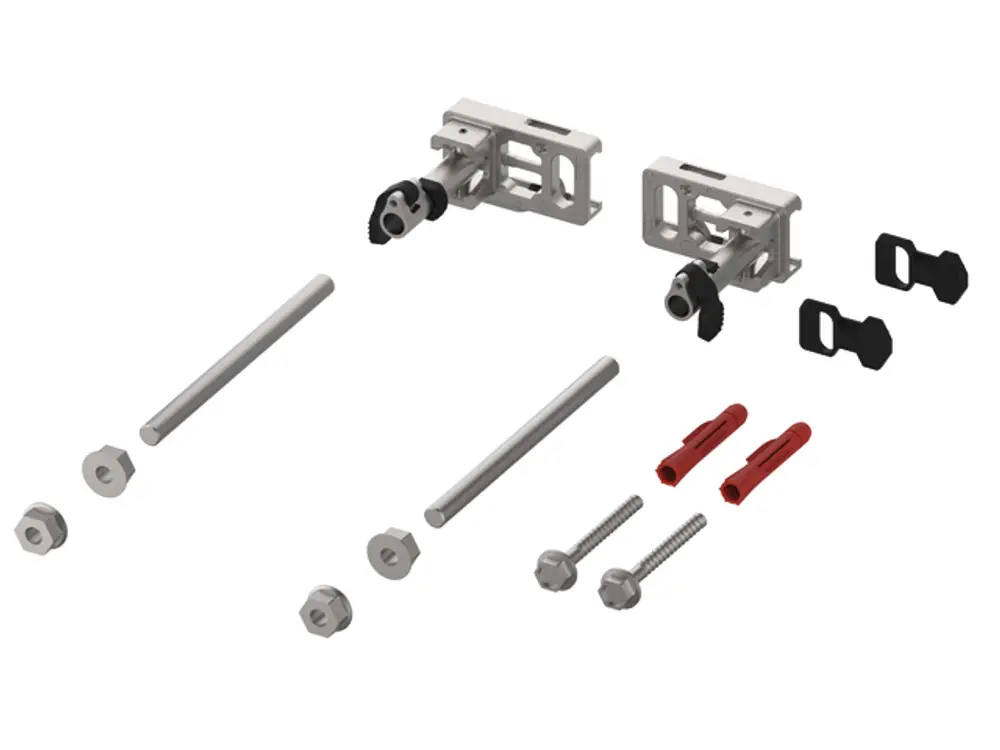 Montageset mit verschiedenen Verbindungselementen, einschließlich Halterungen, Stangen und Schrauben, geeignet für TECEprofil-Module mit Schnellverschluss und Tiefenverstellung.